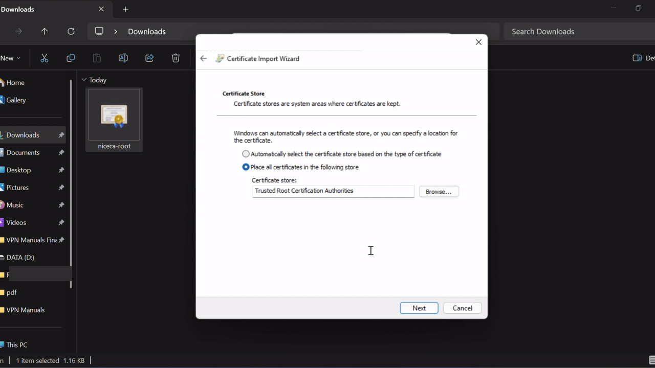 Screenshot of the Certificate Store window showing 'Trusted Root Certification Authorities' selected and 'Next' highlighted.